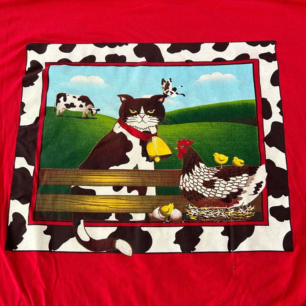 Vintage Y2K Cat Cow Print Chickens Funny Farm Long Sleep Shirt Nightie T… - Picture 2 of 11